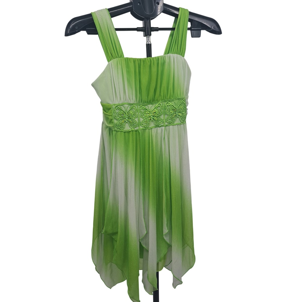 My Michelle Girls Green Ombre Glitter Handkerchief Hem Dress 14 Fairycore Y2K